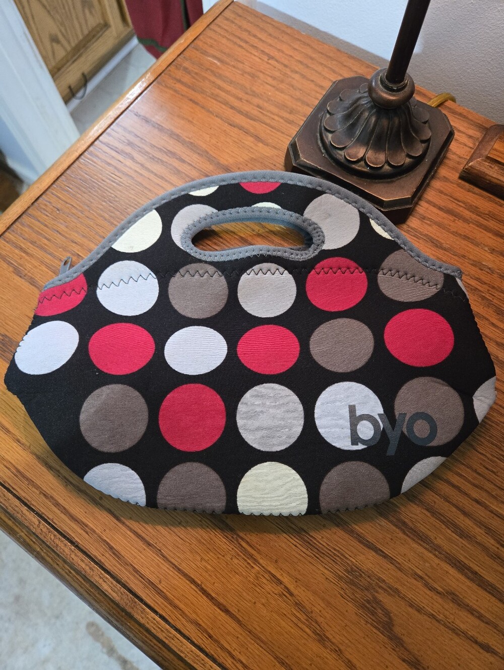 BYO Polka Dot Neoprene Lunch Tote - Black with Red, Gray & White Dots